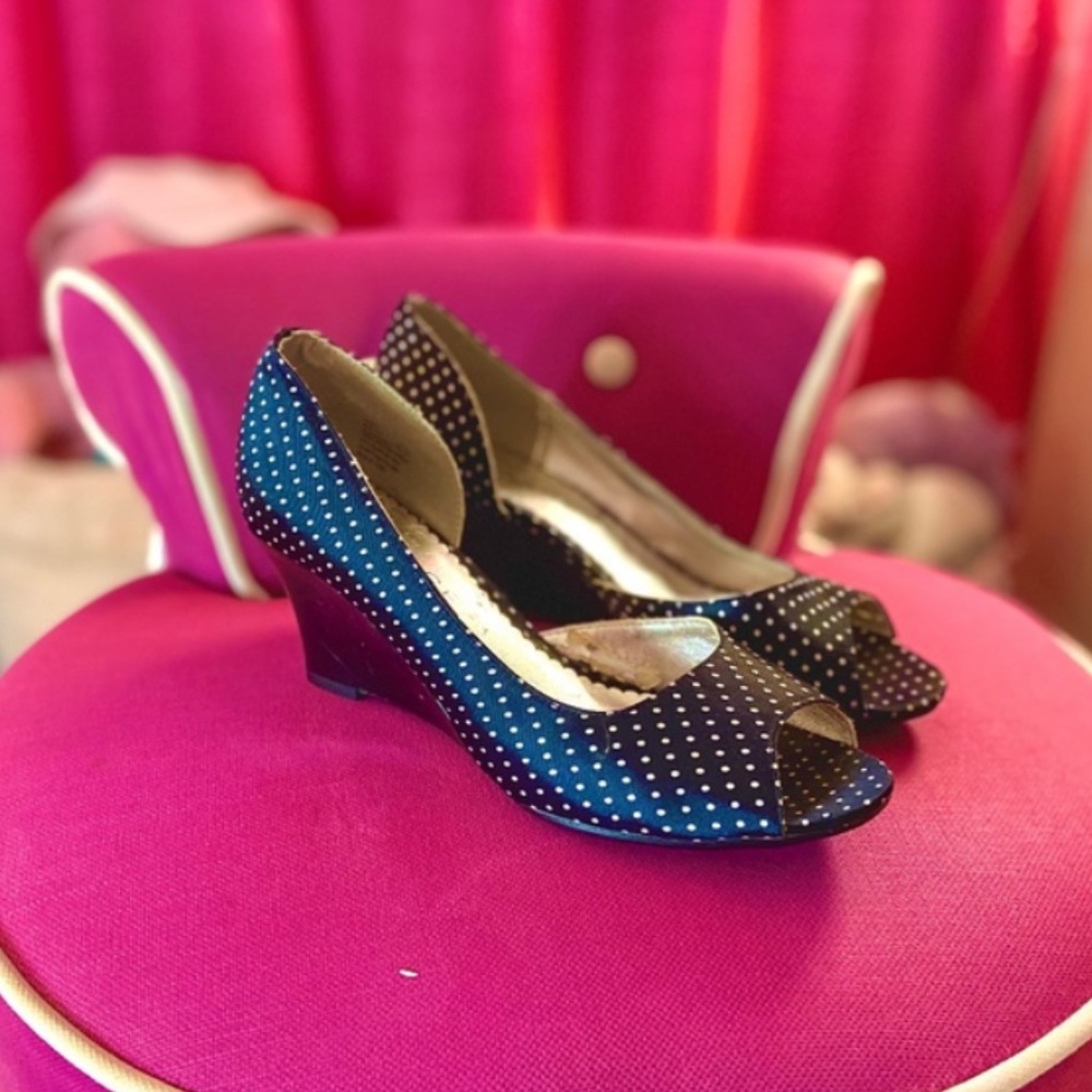 1950s Retro Pinup Style Satin Peep-Toe Polka Dot Slip-On Wedges Women’s 7.5